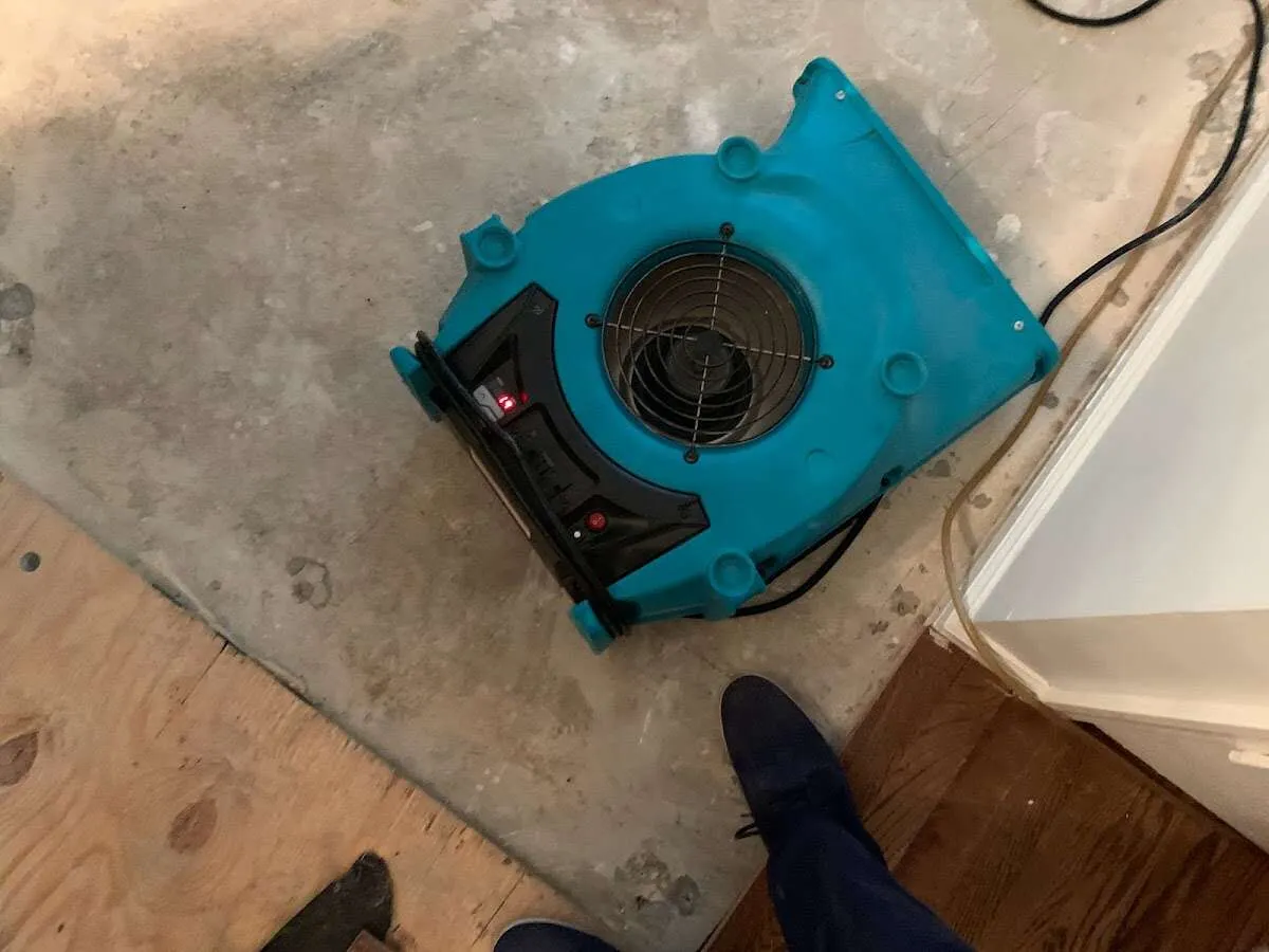 Air mover drying subfloor during Commercial Water Damage Restoration in Fort Thomas